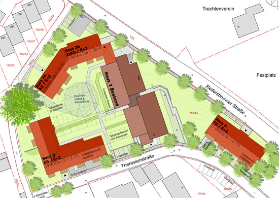 In den Häusern 2, 3a und 3b werden sozial geförderte, im Haus 4 freifinanzierte Wohnungen gebaut. Haus 1 steht bereits.